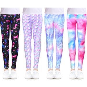Slaixiu 4 Pack Leggings for Girls - Soft & Comfortable Ankle Length Printed Leggings for Kids (3T to 12 Years)