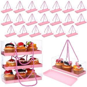 Honeydak 24 Pcs Pink Clear Cupcake Boxes with Handle 9 x 3 x 3 Inch Portable Rectangular Plastic Roll Container Gable Bakery Cake Boxes for Mother's Day Birthday Wedding Party Supplies 