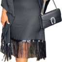knowfashionstyle Womens Dresses Casual Midi Lenght Fringe Dress Plus Size Sequins Batwing Sleeve Tassel Hem Wrap Dresses (X-Large, Black)