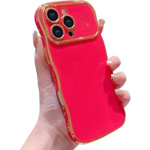 IDweel for iPhone 16 Pro Max Case for Women Girls, Luxury Cute Wave Frame Curly Shape with Love Heart Raised Camera Protection Slim Fit Cover Plating Shockproof Lightweight Phone Case, Rose Red