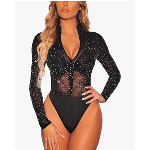 Lrady Women's Sheer Mesh Turtleneck Neck See Through Leotard Bodysuit Body Tops, S