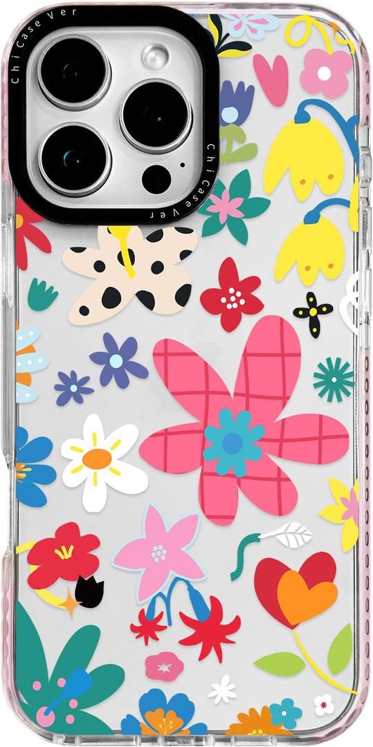 for iPhone 14 Pro Case, Whimsical Floral Collage Pattern, Military-Grade Drop Protection, Cute Soft Slim TPU Protective Cover with Camera Lens Protection for Women & Girls