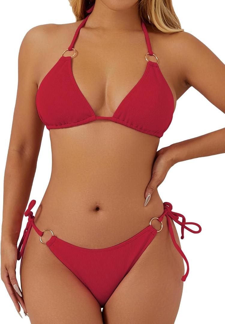 swimall Women's String Bikini Set Sexy Tie Side Two Piece Swimsuit Cute Triangle Halter Bathing Suit (L, 425 - Red Wine)