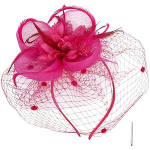 Women Fascinator Hats 20S 50S 80S Tea Party Wedding Cocktail Pillbox Hat Mesh Flower Feathers with Hair Clip (Pink)