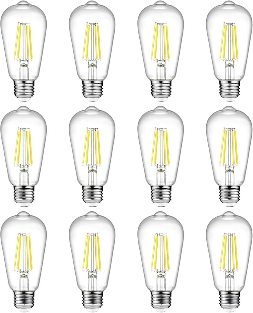 Ascher 12 Pack Vintage LED Edison Light Bulb 60W Equivalent, Decorative Antique Filament Light Bulbs with 80+ CRI, Cool White 4000K, 700 Lumens, E26 Base, Non-Dimmable