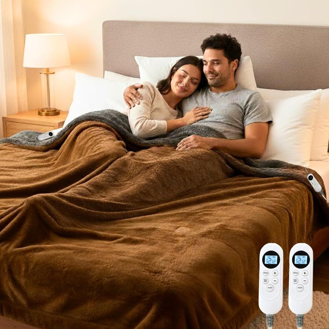 Heated Blanket Queen Size, 84"x90" Electric Heating Soft Dual-Sided Flannel Machine Washable Blanket, 12 Heat Levels & 12 Hours Auto Off, Soft Warm Flannel Blanket, Overheat Protection with ETL & FCC (Brown & Gray)