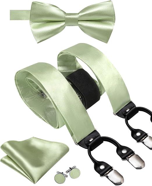 Hi-Tie Men Suspender Bowtie Set Suspenders Pre-tied Bow Tie Pocket Square Cufflinks Adjustable Y Shape 6 Clips Braces Tuxedo