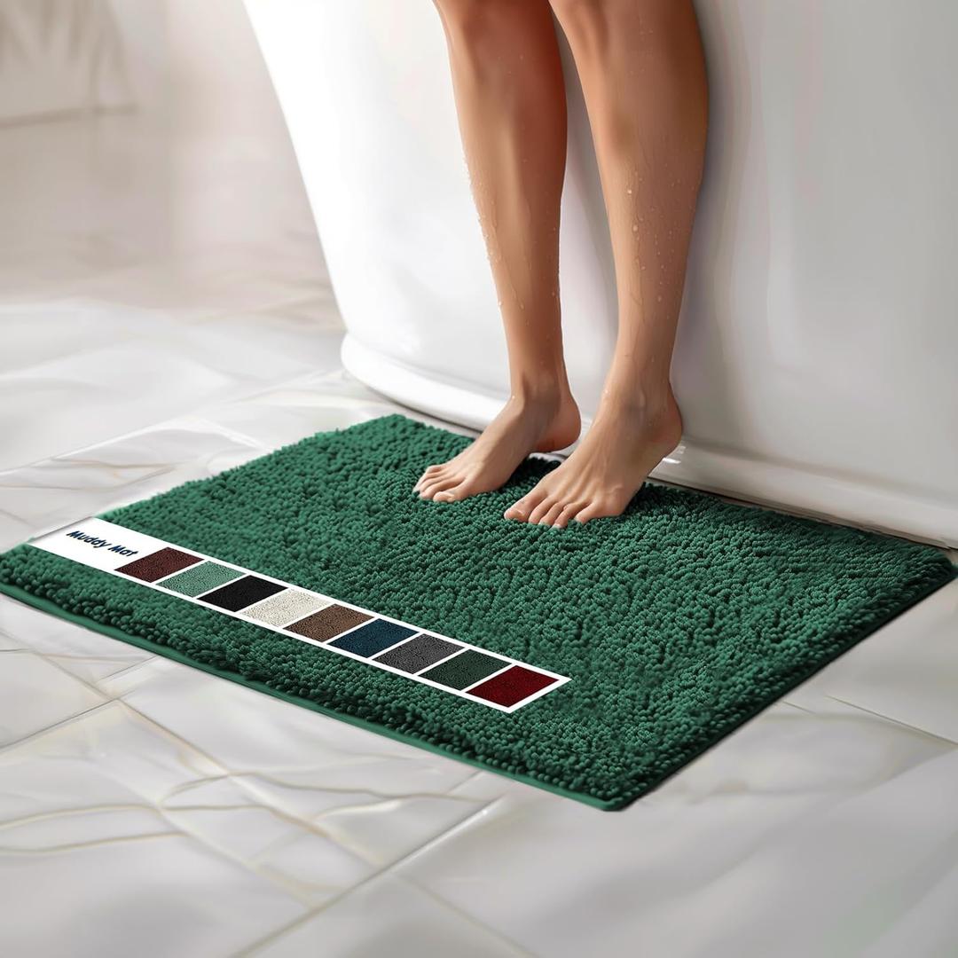 Muddy Mat | Chenille Bathroom Rugs Quick Dry Microfiber Mats Non Slip Washable, Extra Thick, Soft and Highly Absorbent Bath Mats for Bathroom, Kitchen, and Shower Floor - Dark Green 24"x35"