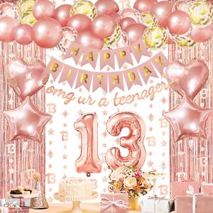 ZERODECO Rose Gold Birthday Party Decorations 13th, Happy Birthday Banner Fringe Curtain 13 Garland Heart Star Foil Confetti Balloons for Women Girls Queen Princess Party