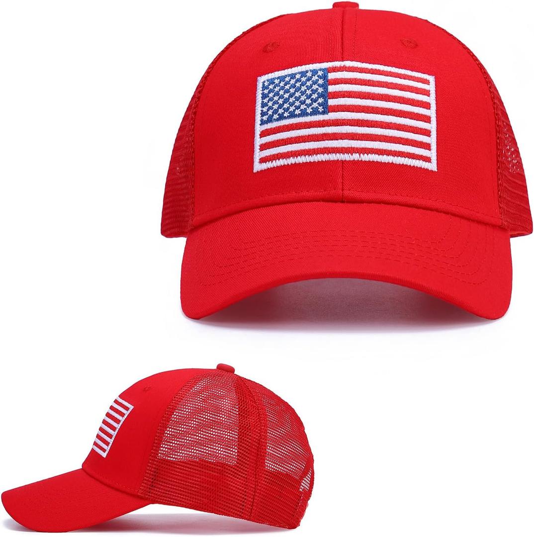 American Flag Hat, Adjustable Fit USA Baseball Cap for Men Women, Outdoor Ball Caps Mesh Snap Embroidered Cap (Red)