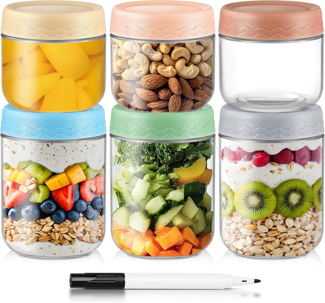 DRKIO 10 & 16 Oz Overnight Oats Containers with Lids - 6 Pack Glass Storage Jars with Airtight Lids Wide Mouth Mason Food Jars Great for Meal Prep Salad Chia Puddirg Snacks Yogurt Sugar Spice Cereal