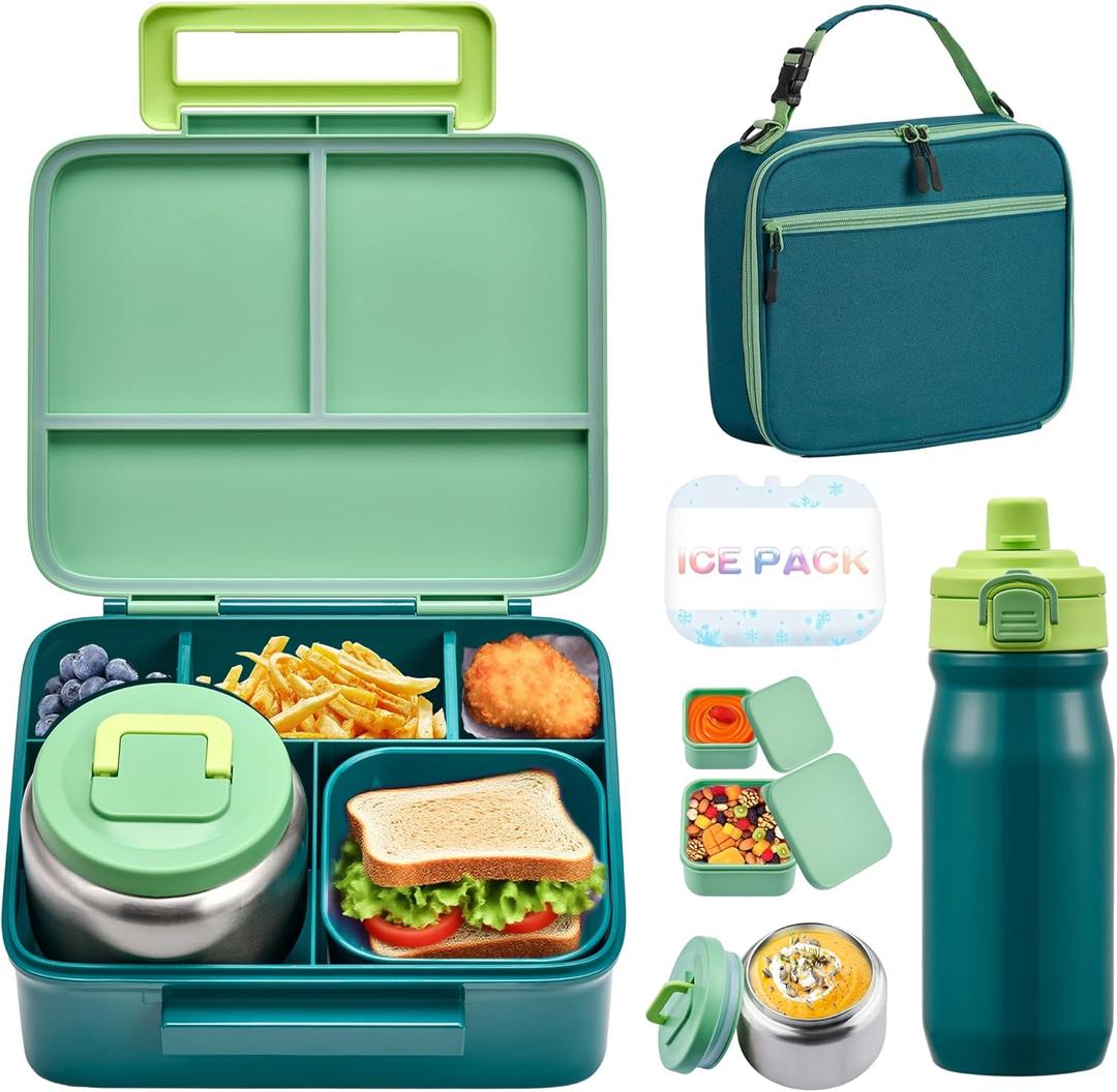MAISON HUIS Bento Box for Kids with 8 z Soup Thermo, Leak-proof Lunch Food Containers with 5 Compartment, Insulated Lunch Bag & 17oz Stainless Steel Water Bottle for School, Trvael (Green)