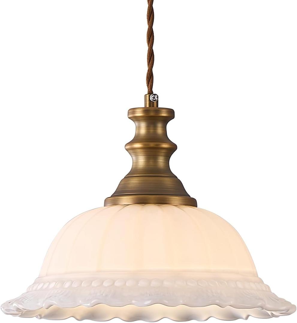 HDDFL White Glass Pendant Lights Modern Pendant Lighting Fixtures 11.8 in Hanging Lamp for Kitchen Island Bedroom Dining Room Coffee Shop Hallway Hotel Living Room, White and Brass