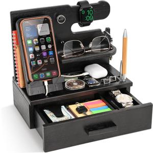 TESLYAR Wood Phone Docking Station with Drawer - Nightstand Organizer - Desk Organizer for Husband - Birthday Gifts for Men, Dad, Anniversary Idea, Key Holder Stand Watch & Accessories (Fumed Black)