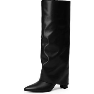Modatope Knee High Boots Women Fold Over Knee High Boots Chunky High Heels Long Boots Zipper Pointed Toe Dress Tall Boots for Women (7, Black Pu)