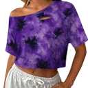 Avanova Women Off The Shoulder Crop Tops Distressed Ripped Short Sleeve Cropped Tee T-Shirt  (Purple, XL)