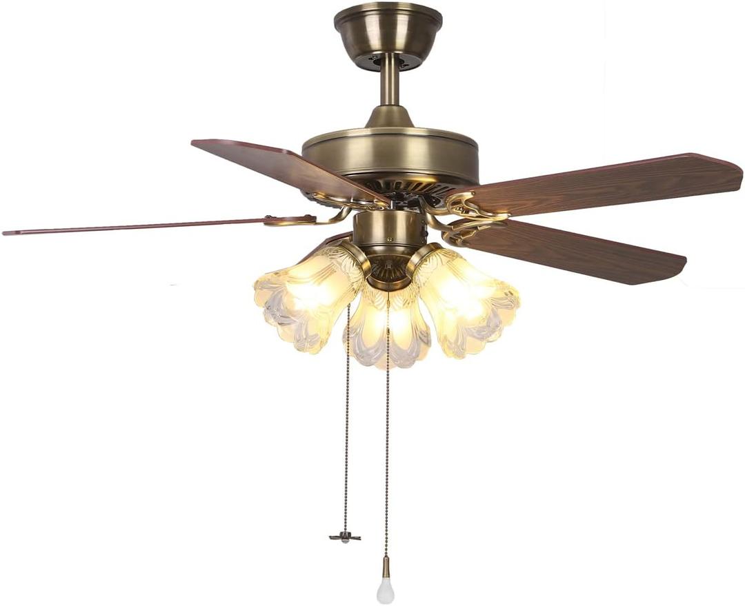 42 Inch Indoor Ceiling Fan with Pull-Chain and Three LED Light Bulbs Base, Traditional 3-Speeds Reversible Blades Ceiling Fan (Antique)