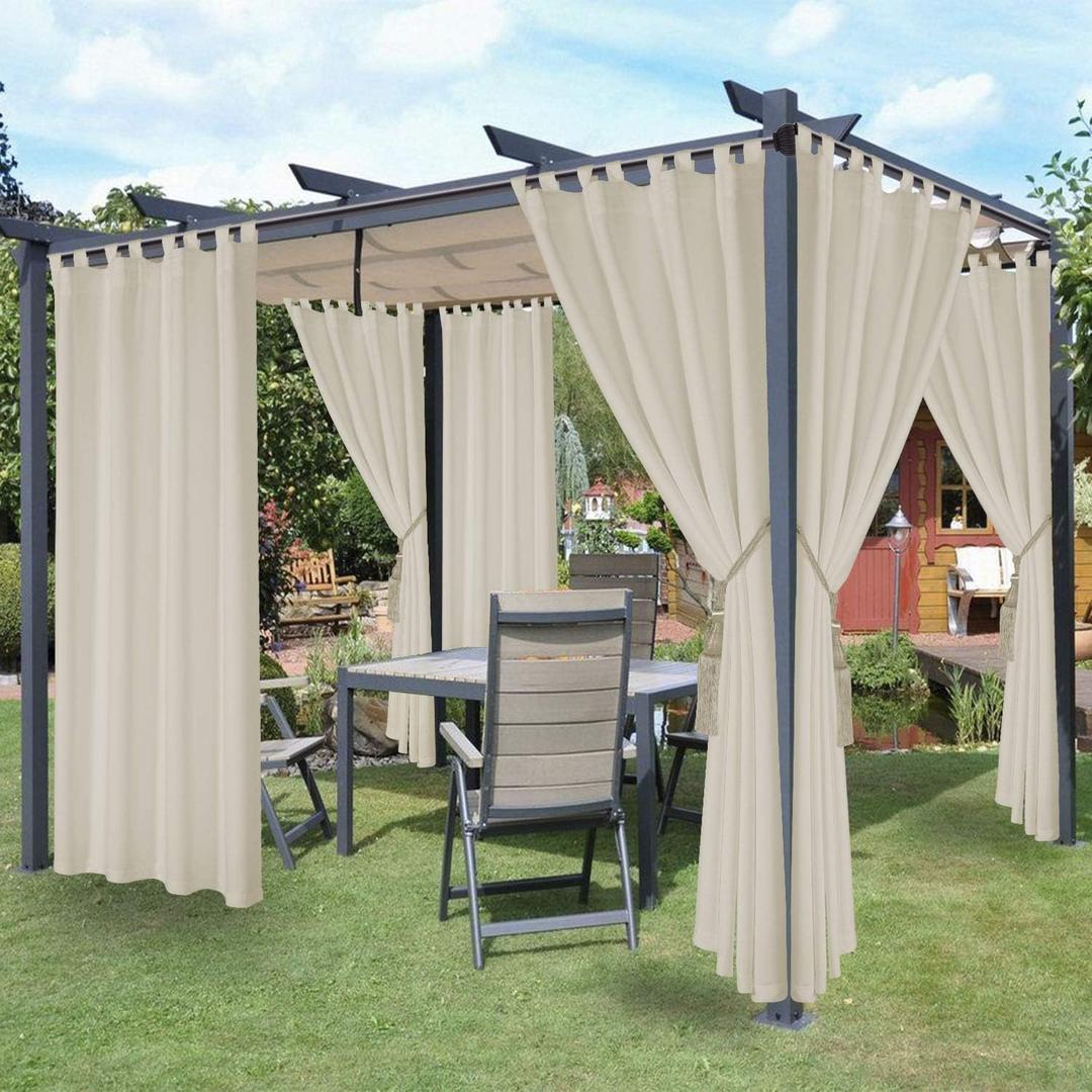 LORDTEX Waterproof Indoor/Outdoor Curtains for Patio - Thermal Insulated, Sun Blocking Detachable Sticky Tab Top Blackout Curtains for Bedroom, Porch, Pergola, 52 x 84 inch, 2 Panels, Vanilla
