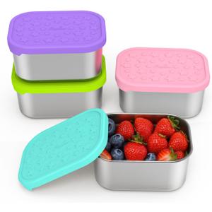 SOPHICO Stainless Steel 14 OZ Snack Containers for KidsFood Storage Container with Silicone Lid - Perfect 304 Metal Toddler Lunch Box for Daycare and School, Leak Proof (MIX, 4 PACK)