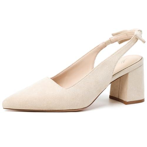 Mostrin Beige Block Slingback Heels for Women Nude Pointed Closed Toe Chunky Heels Bow Women's Pumps for Office Work Business Casual 36.5