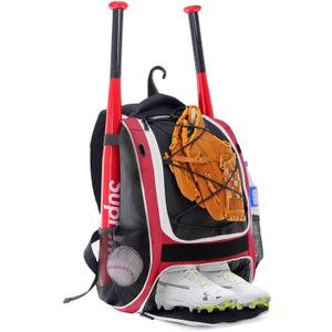WOLT Youth Baseball Bag - Bat Backpack for Baseball, T-Ball & Softball Equipment & Gear, Bat & Glove Holder, Large Main Compartment for Helmet & accessories, Separate Shoes Compartment, Fence Hook (Red)
