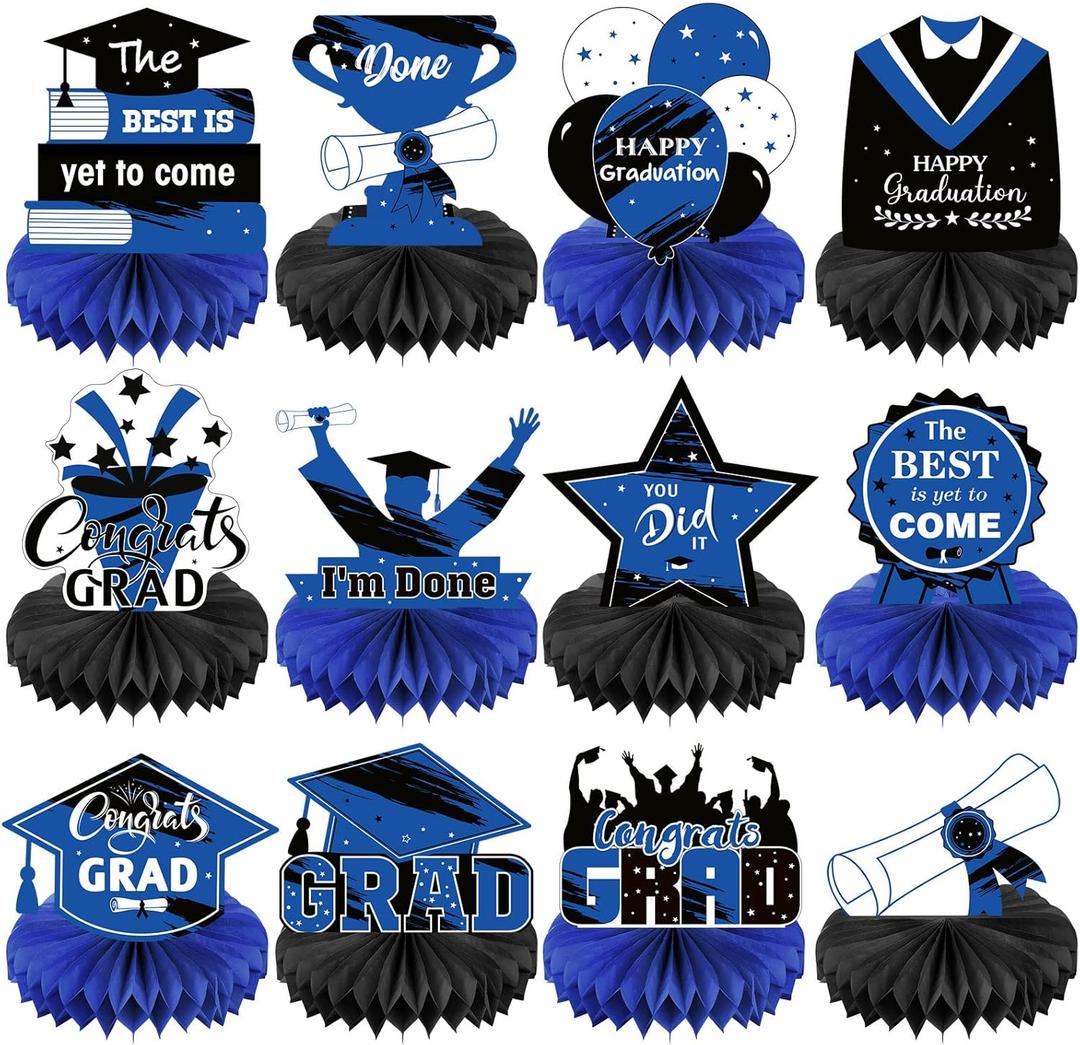 Honoson 12 Pcs 2025 Graduation Party Decorations Class of 2025 Congrats Grad Table Centerpieces Congratulate Graduation Honeycomb Table Toppers for Grad Party Favor Supplies(Blue, Black)