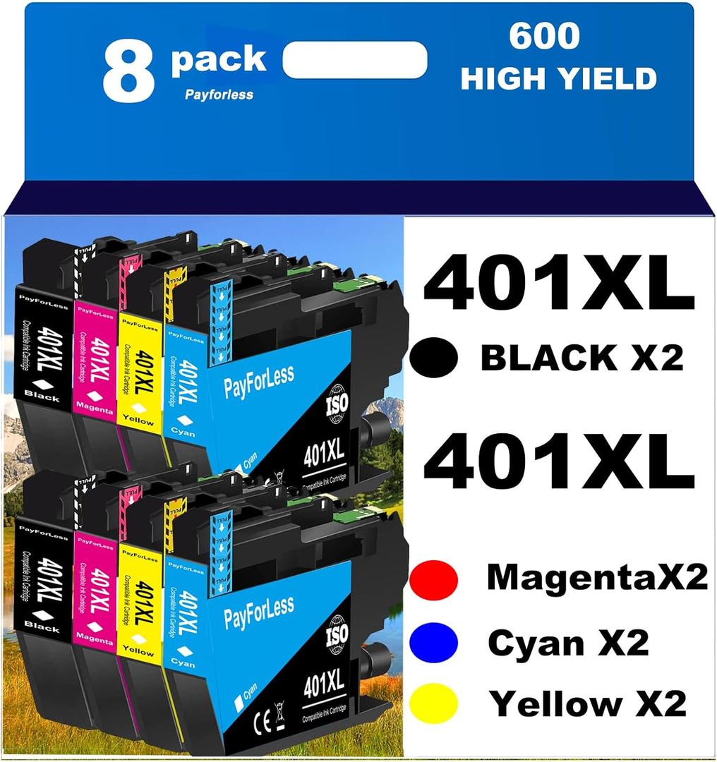 PayForLess LC401XL Ink Cartridges for Brother Printer Compatible LC401 Ink Cartridges for MFC-J1010DW MFC-J1012DW MFC-J1170DW Printer 8 Pack (2 Black, 2 Cyan, 2 Magenta, 2 Yellow)