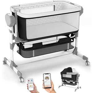 Pionevox Rocking Bassinet for Baby, Electric Bassinet Automatic 5 Rocking Motion Bassinet Bedside Sleeper for Newborn, Auto Rolling Baby Cradle 6 Height Adjustable with 4 Lullabies, Wheels, Storage
