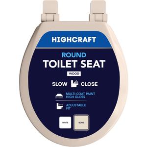 HIGHCRAFT Premium Round Toilet Seat with Slow-Close Design & Adjustable Hinges - Molded Wood Toilet Seat - Fits Standard Round Toilets - Round Seat in Bone/Beige