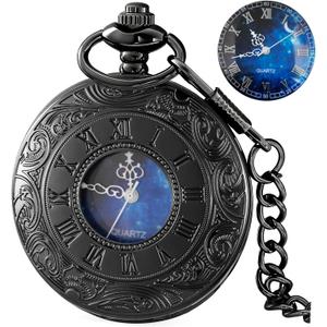 Tiong Pocket Watch Hollow Blue Star Design Roman Numerals Quartz with Chain Christmas Birthday Gifts Tiong Pocket Watch Hollow Blue Star Design Roman Numerals Quartz with Chain Christmas Birthday Gifts