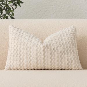 UGASA Velvet 12x20 Inch Lumbar Throw Pillow Cover, Both Sides Corduroy Striped, Soft Solid Decorative Rectangular Cushion Case for Couch/Bedroom/Car, 1 Piece, Cream