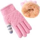Winter Gloves for Boys Girls - Kids Warm Knit Thermal Cable Knitted Gloves Wool Fleece Lined Mittens for Cold Weather (1 Pair, Classic Pink)