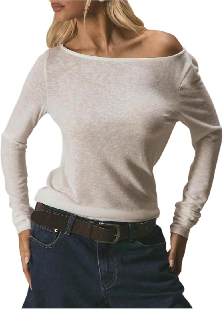 Women's Off The Shoulder Sheer Tops Long Sleeve T Shirts Casual Tee Tops