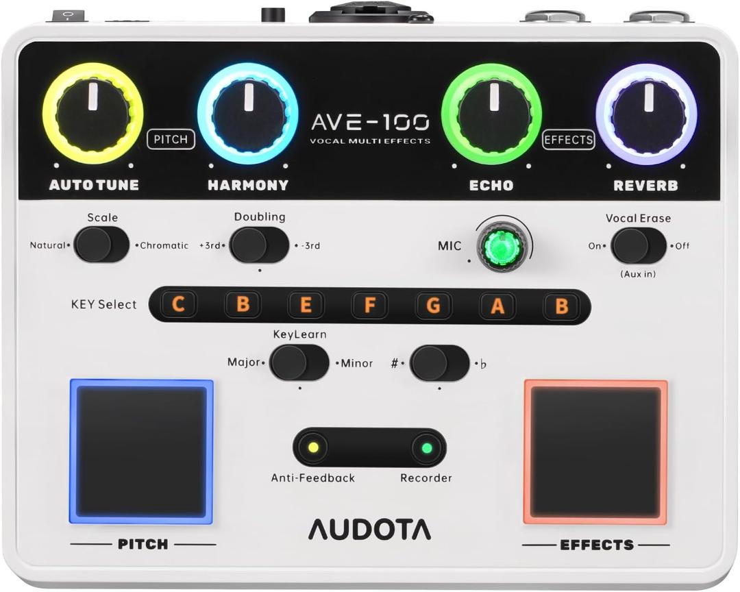 AVE-100 Vocal Effects Processor with Auto Pitch Correction/Harmony/Echo/Reverb, Smart Anti-Feedback & VocalErase OTG Recording Vocal Processor for Live Singing Streaming Home Studio