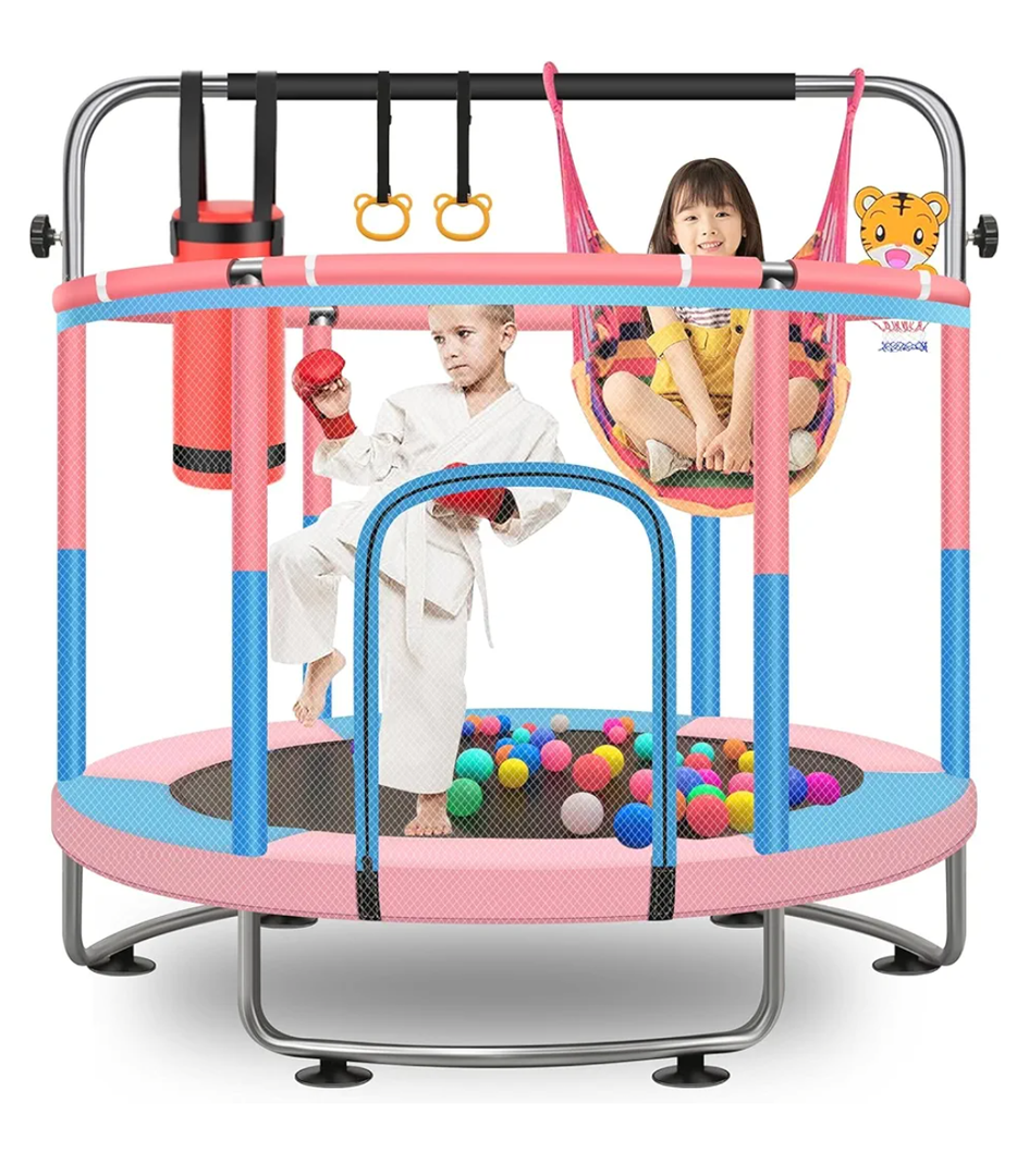 60" Toddler Trampoline for Kids, 5FT Adjustable Trampoline Indoor Outdoor with Enclosur Net, Mini Trampoline for Kids 3-10, 880lbs Capacity, Adjustable Gymnastics Bar, Basketball Hoop, Swing