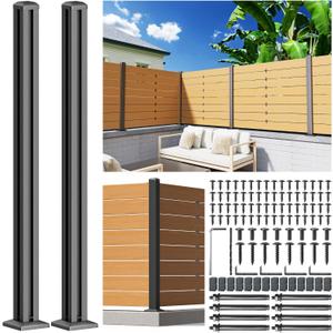 201 Stainless Steel 4FT Privacy Screen Outdoor Fence Post for Wood Slats, Concrete Install Wooden Privacy Fence Panel PostCorner Post Matte Black 2Pack