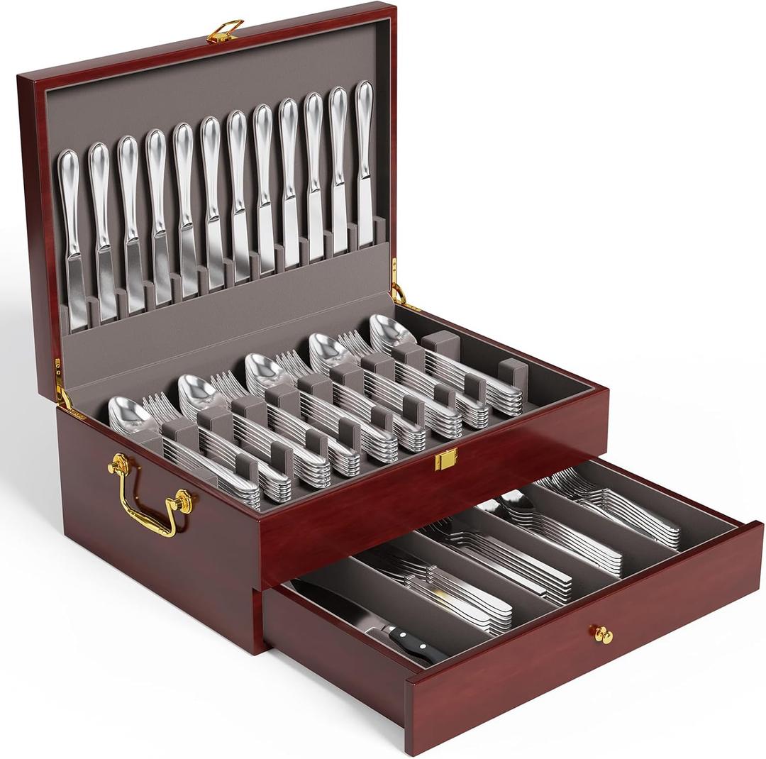 Gernshe Mahogany Wood Silverware Storage Box, Silverware Case Flatware Chest with Felt Lined, Flatware Storage Box for 12 sets of Utensils (Walnut, 2 Tier）