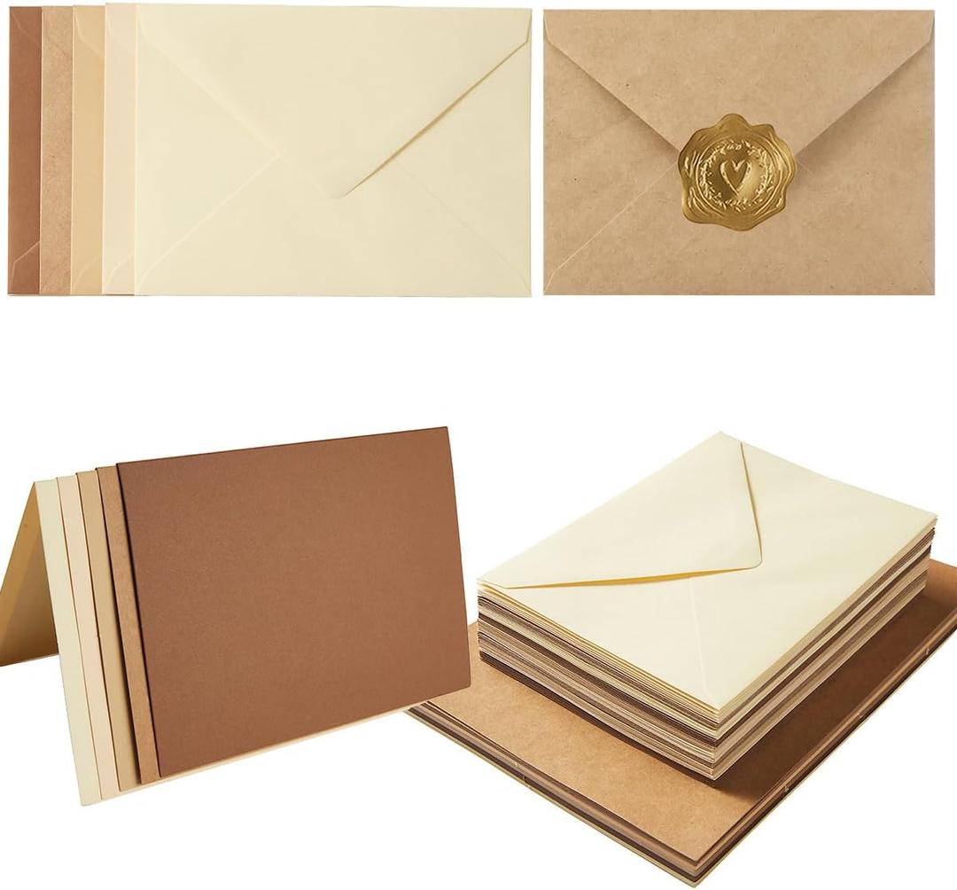 50 Pack Brown A6 Envelopes with Blank Cards Set, Envelopes 5 Colors with 4x6 Cardstock and Gold Stickers for Wedding Invitations  (Brown, 4x6)
