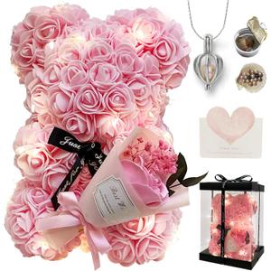 Romantic Valentines Day Gift for Her, Artificial Flowers Bouquet Necklace Rose Teddy Bear with Real Pearl Blind Box Birthday Gift, Valentiness Day Gift for Monther Wife Girl (Pink)
