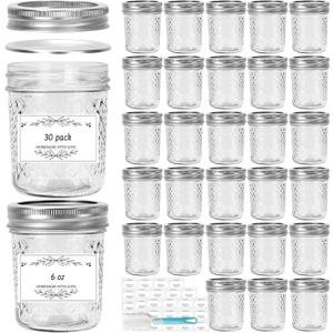 6 oz Glass Mason Jars, 30 Pack Regular Mouth Glass Canning Jars with Silver Aluminum Lids and Bands, Airtight Jam Jars for Food Storage, Pickling, Fermenting, Honey, Jelly, DIY Candles Decor