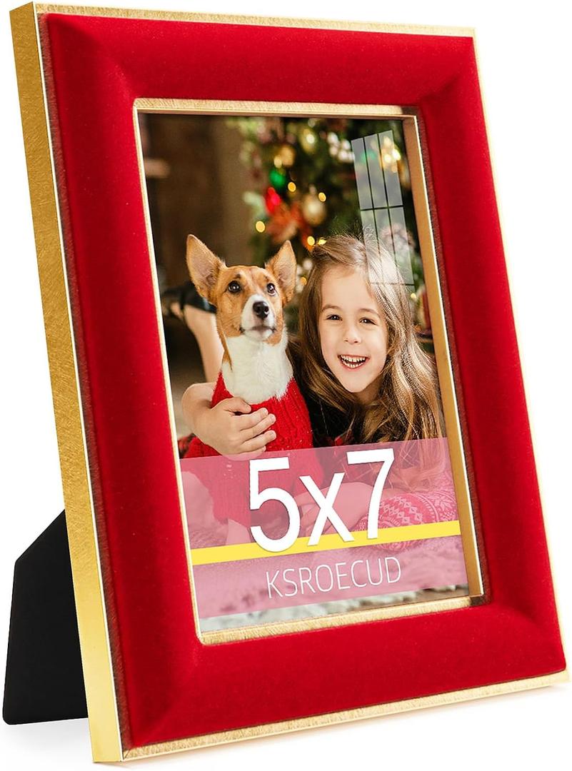 5x7 Velvet Picture Frame, Red Velvet Photo Frames with Vintage Gold Border, HD Real Glass Horizontal & Vertical Display for Tabletop and Wall Decor (1 Pack)