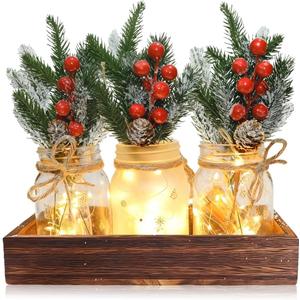 3PCS Christmas Mason Jars, Tiered Tray Decorative Jars with Wood Tray & Artificial Flowers Wishing Bottles for Winter Holiday Home Mantel, Kitchen, Dining room, Bedroom Table Centerpiece Decor Gift
