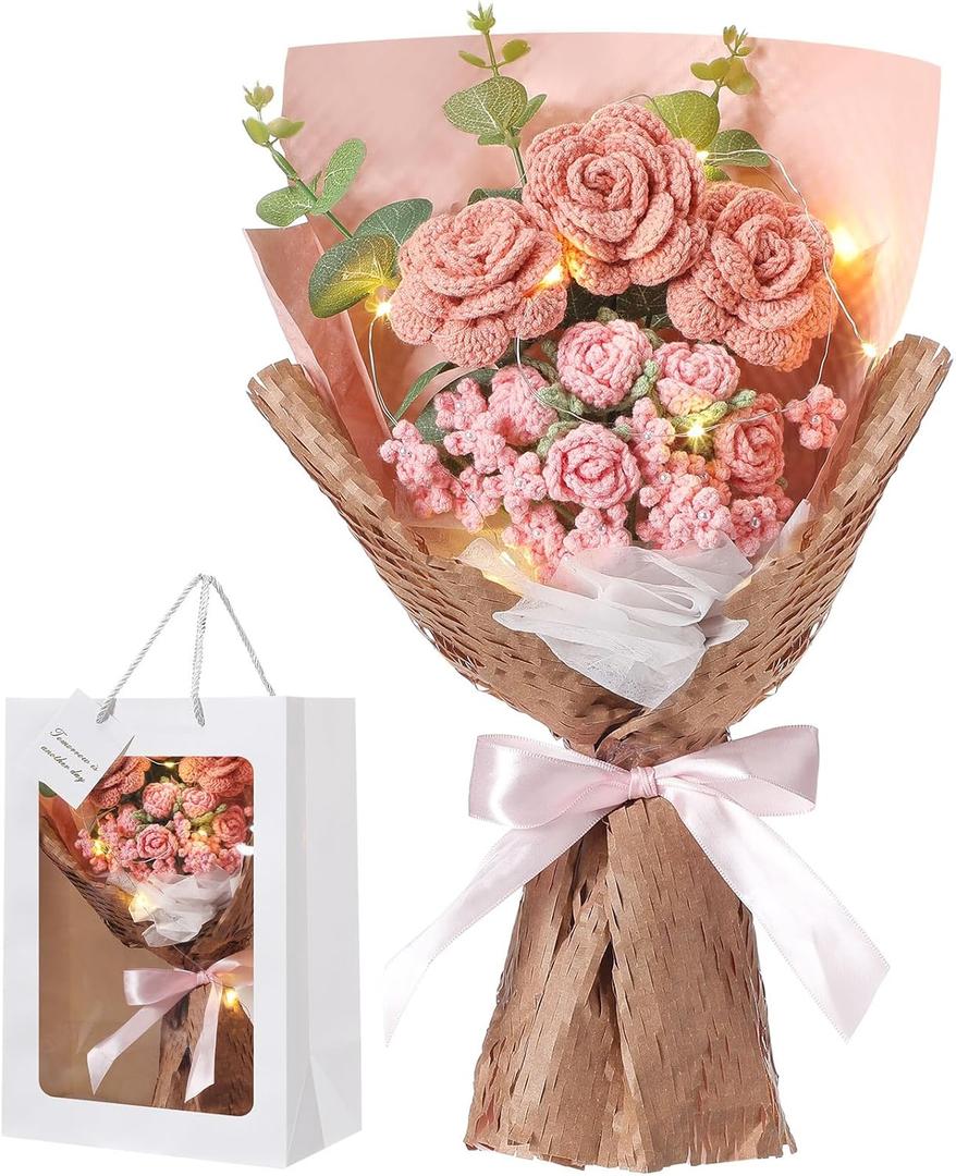Graduation Crochet Flowers Bouquet Gift Completed Handmade Artificial Knitted Flowers Rose Bouquet Gift for Birthday Wedding Memorial Day Teacher'day Home Decor(Pink)