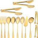 12Pcs Gold Serving Utensils Set, Stainless Steel Serving Utensils Set includes Serving Spoon, Serving Solted Spoons, Fork, Sugar Tongs, Food Tongs, Cake Spatula, Soup Spoon for Parties, Buffet
