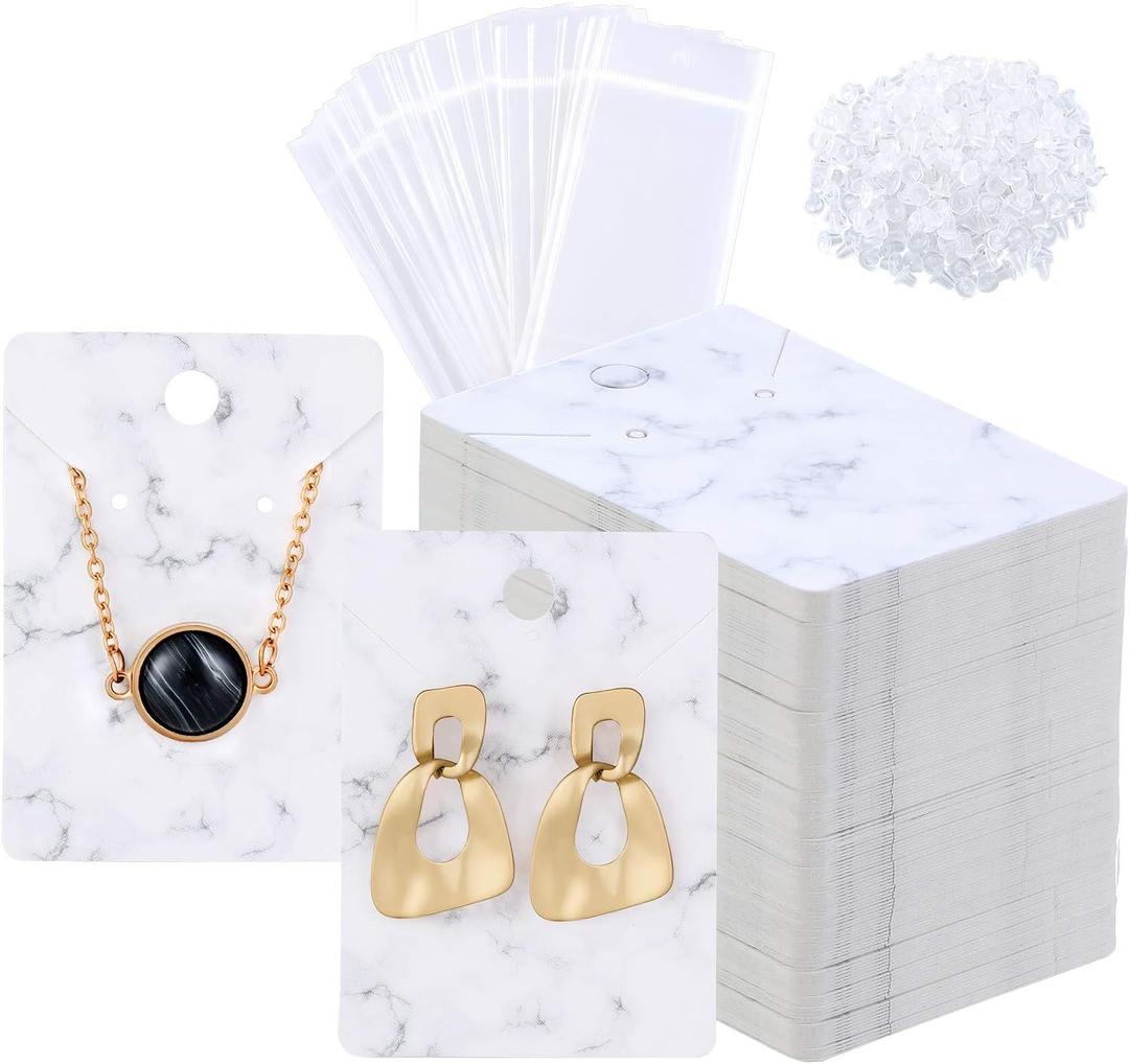 800 Pieces Marble Earring Necklace Display Card Holder Set 200 Pieces Jewelry Display Cards Kraft Paper Tags 400 Earring Backs 200 Seal Bags for Jewelry Packing 2 x 2.8 Inch