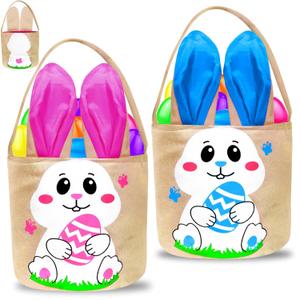 2 Pack Easter Baskets for Kids, Personalized Canvas Easter Bunny Baskets Bucket Tote, Easter Gifts Bags for Girls & Boys Spring Party Favors, Classroom Prizes, Home Decor Toys (Multicolor)