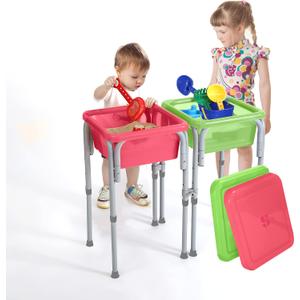 Special Supplies Sensory Activity Table for Kids and Toddlers -with Plastic Buckets and Beach Toys for Interactive Learning - Water, Sand, and STEM Play (Two Buckets - Green + Red)
