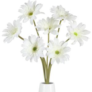 White Faux Flowers for Vase - Gerbera Daisies 7 Stems, Fake Flowers Stems, Realistic Artificial Flowers, Pom Pom Wildflowers for Aesthetic Room Decor, Table Floral Arrangements Centerpiece