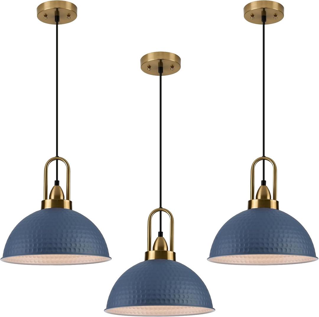 Blue Pendant Lights Kitchen Island Industrial Adjustable Height Vintage Dome Hanging Light Fixtures for Barn, Dining Room 3 Packs
