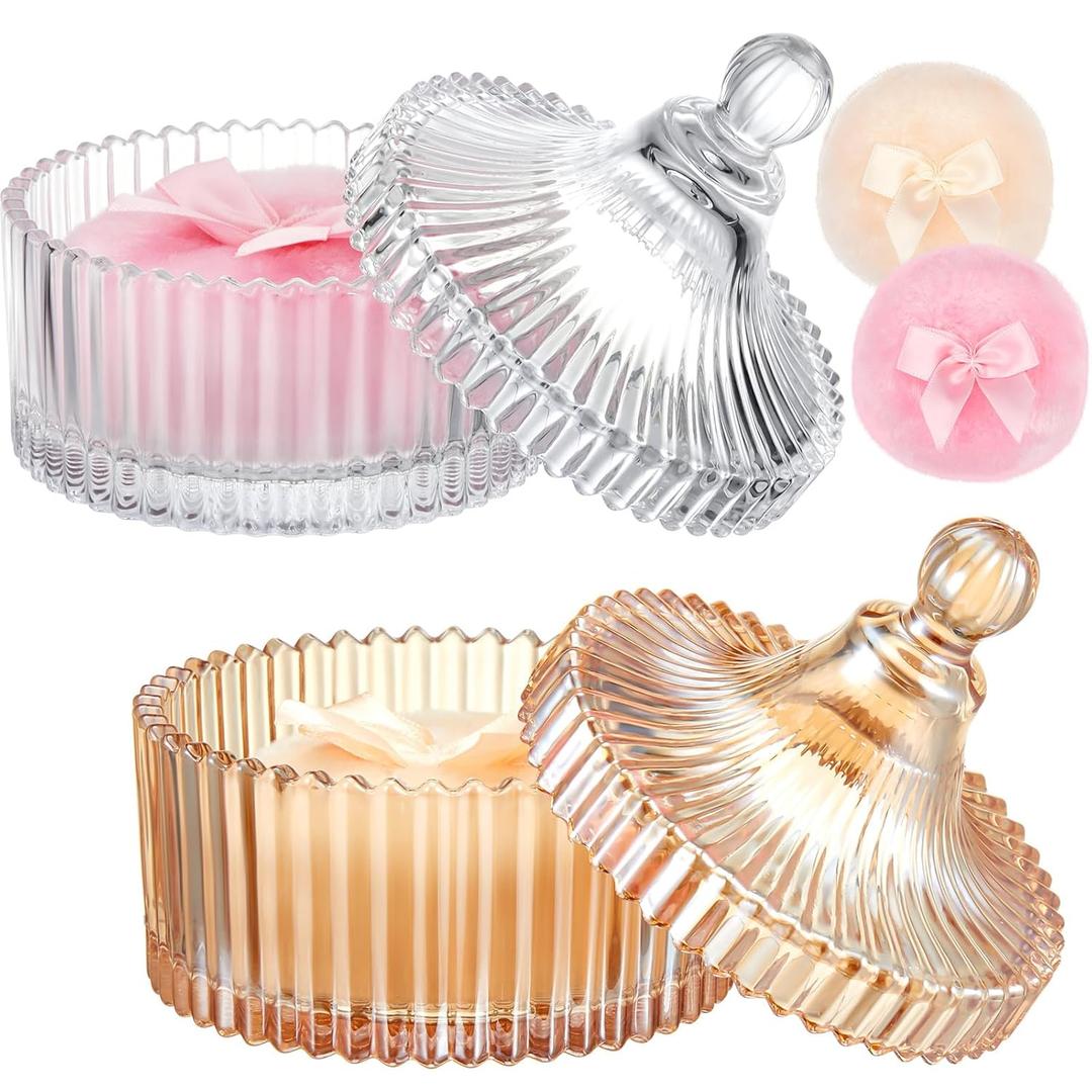 Tioncy 4 Pcs Large Body Powder Puff and Container Extra Large Body Powder Puff Dish Soft Washable Reusable Fluffy Makeup Sponge Wet Dry(Simple,Clear and Amber)